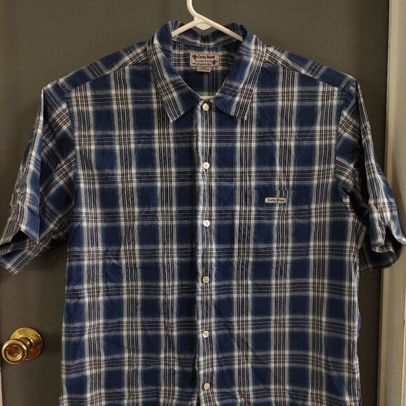 Lucky Brand Men's Large Short Sleeve Button Up Shirt Plaid Blue Gray White - Picture 1 of 8